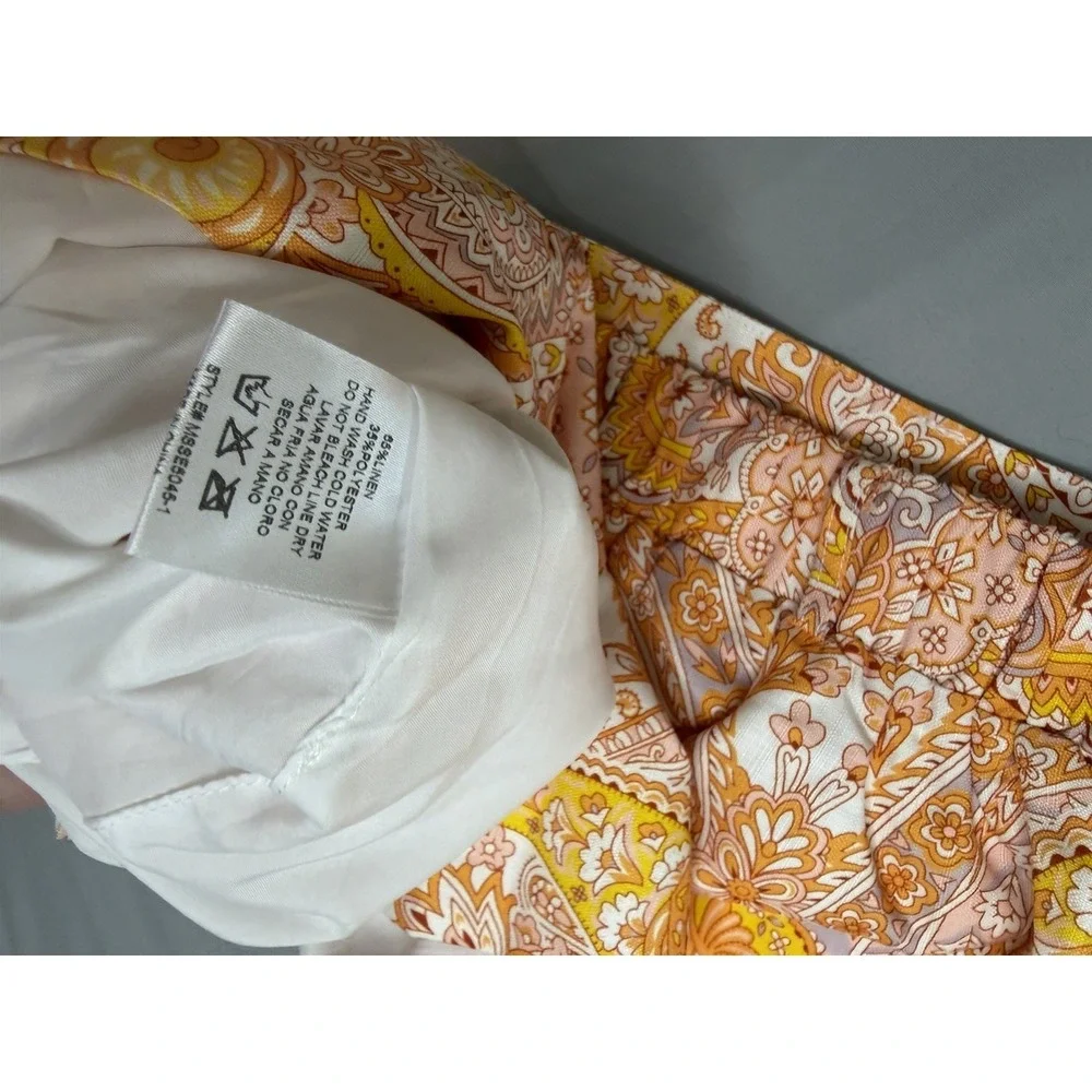 Mulla Linen Paisley Crop Top and Shorts Set L Orange White W/Belt Lined Party